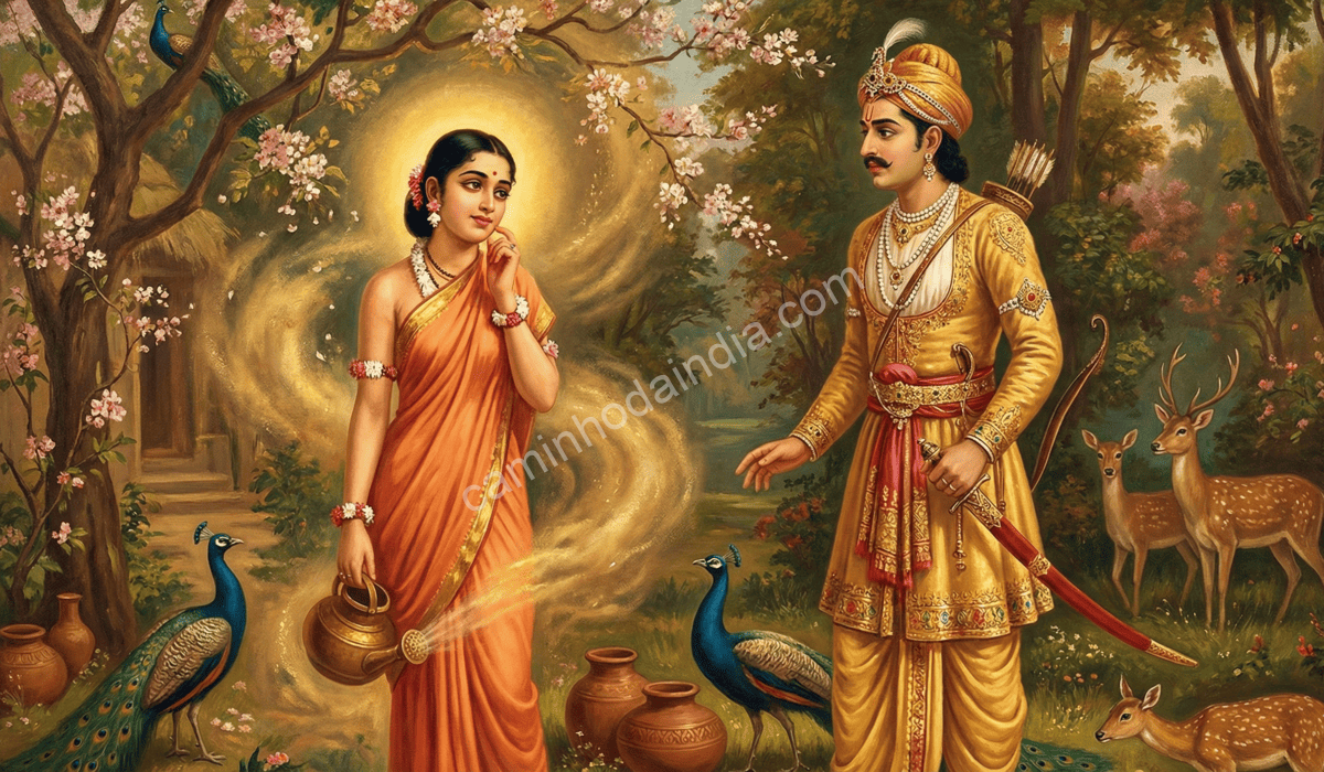 Rei Dushyanta encontra Shakuntala regando plantas no ashram do sábio Kanva e se apaixona por ela