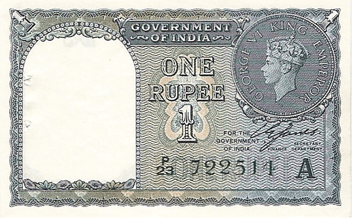 rupia-indiana-1942-1949-cedula-historica Cédula da rupia indiana impressa entre 1942 e 1949, período do final do domínio britânico e da transição para a independência da Índia