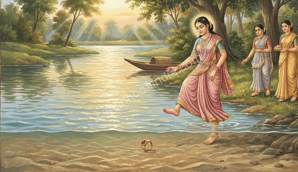 Shakuntala perdendo o anel que era a prova de seu amor com o Rei Dushyanta durante a viagem