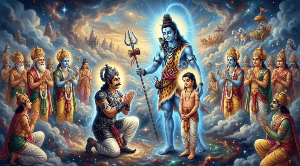 Shiva perdoando Yama depois que os deuses imploram para restaurar o equilíbrio do universo