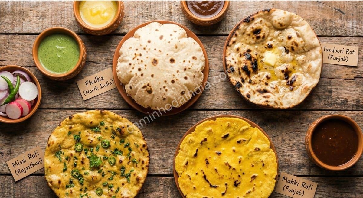 Diferentes tipos de rotis organizados sobre a mesa