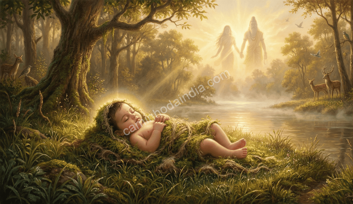 Vishwamitra e Menaka abençoando sua filha Shakuntala antes de deixá-la