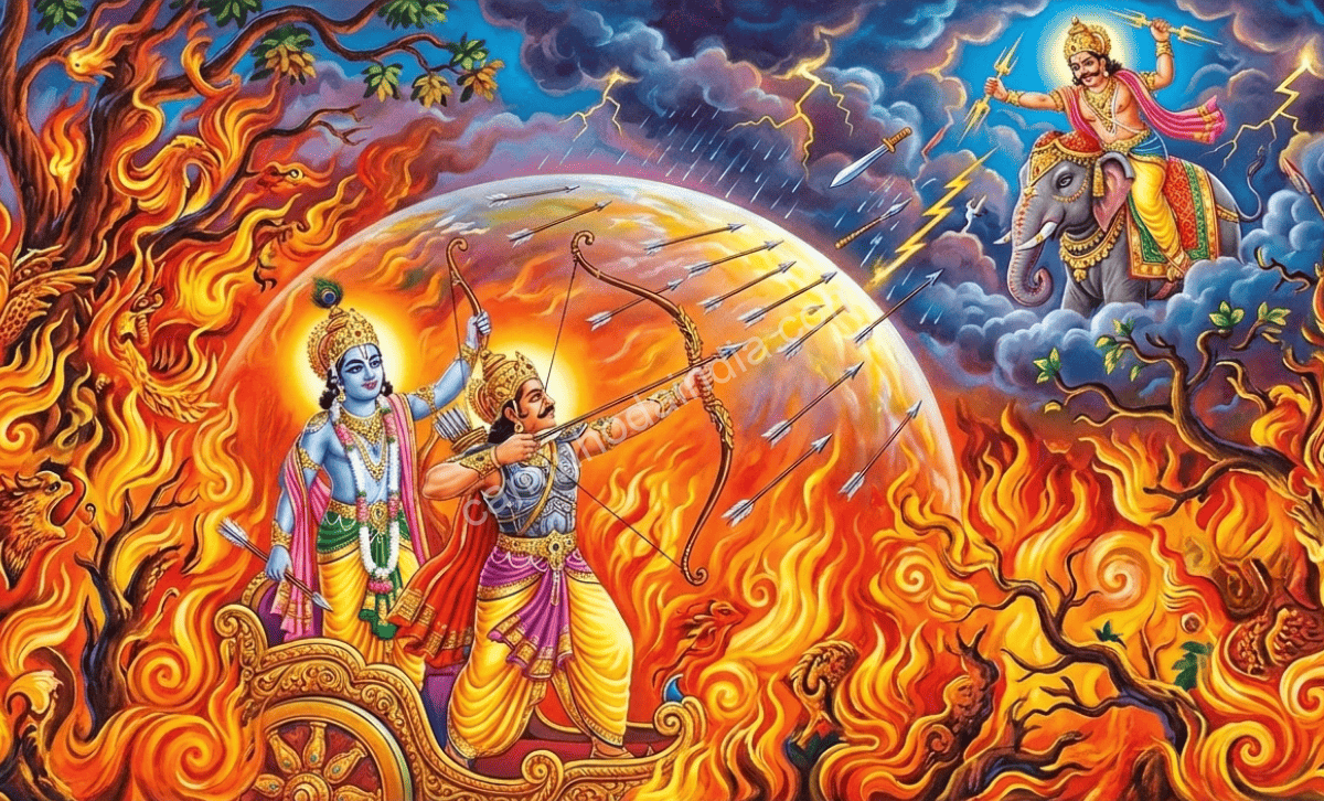 arjuna-destruicao-floresta-khandava-batalha-indra arjuna krishna khandava indra