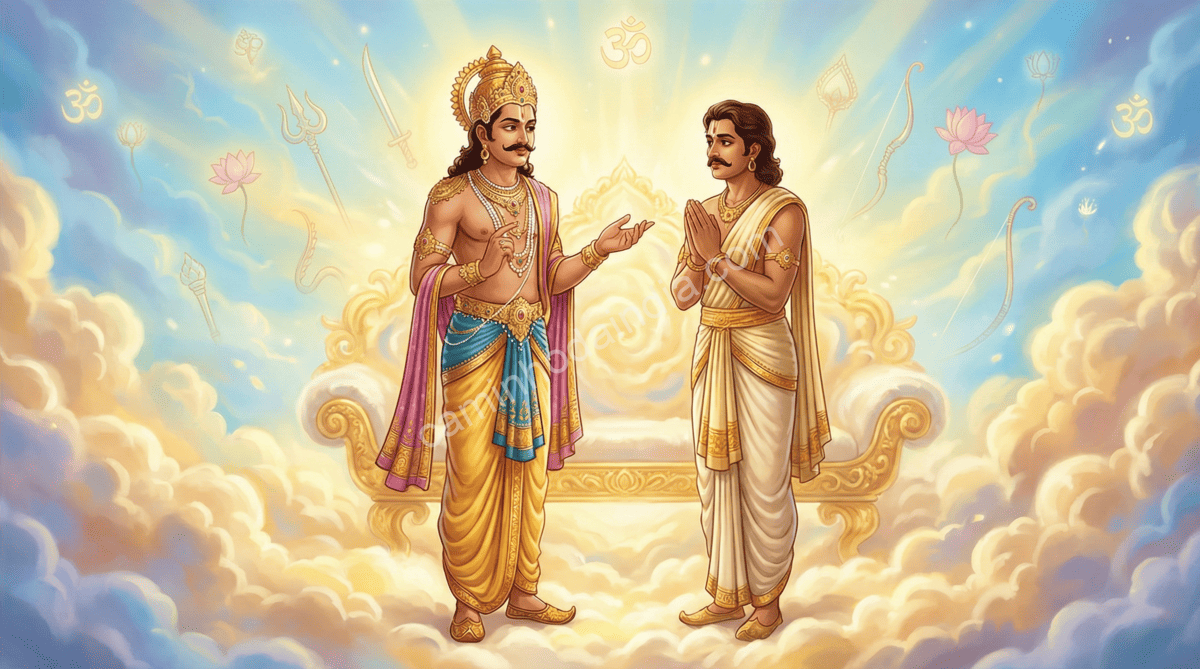 arjuna-indraloka-indra-armas-celestiais-preparacao Após receber o Pashupatastra de Shiva, Arjuna chega a Indraloka, onde Indra reconhece sua dignidade e lhe concede o conhecimento de armas celestiais
