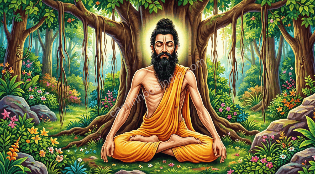 arjuna-penitencia-florestas-montanhas-renuncia Arjuna em penitência solitária nas florestas e montanhas, em profunda disciplina espiritual