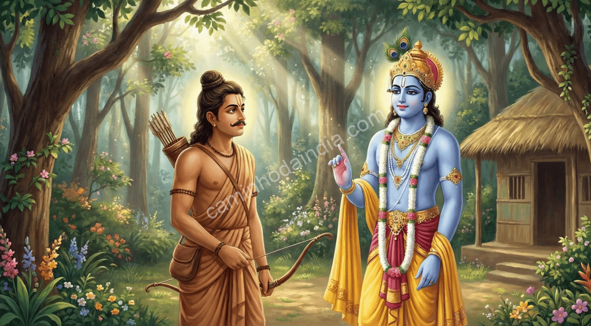 arjuna-penitencia-shiva-conselho-krishna-exilio Arjuna refletindo sobre a penitência necessária para agradar Shiva durante o exílio, sob orientação de Krishna