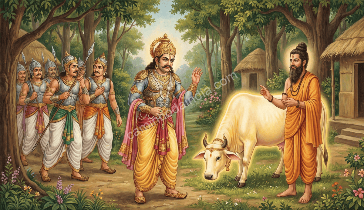 Rei Kartavirya Arjuna ordenando aos guardas que levem a vaca sagrada Kamadhenu para seu palácio