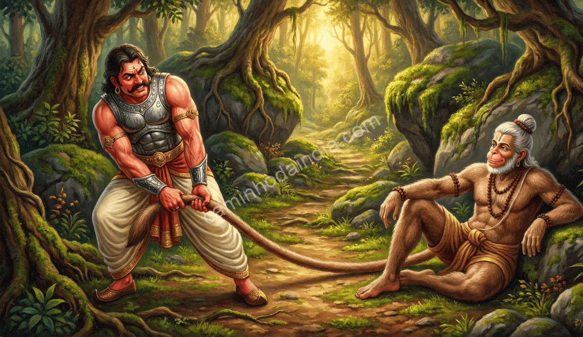 Bhima usando toda a sua força para tentar mover a cauda do velho vanara que bloqueia seu caminho