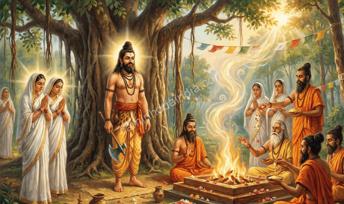 Brahmanes realizando rituais enquanto as viúvas pedem misericórdia e Parashurama promete que seu objetivo era apenas punir os kshatriyas cruéis e corruptos