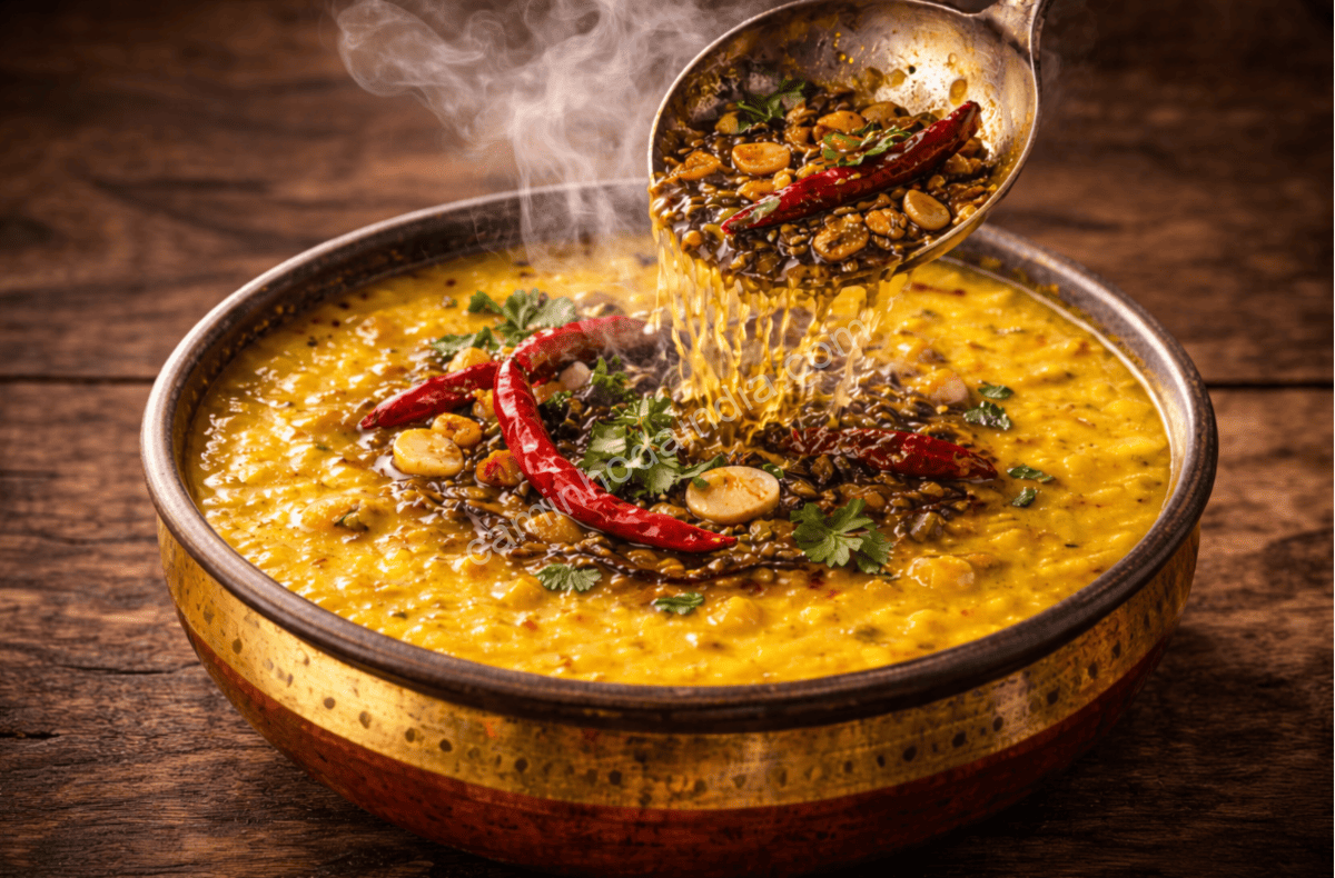 dal-tadka-chiado-tempero-ritual-culinario Chiado do tempero quente ao ser despejado sobre o dal cozido no Dal Tadka