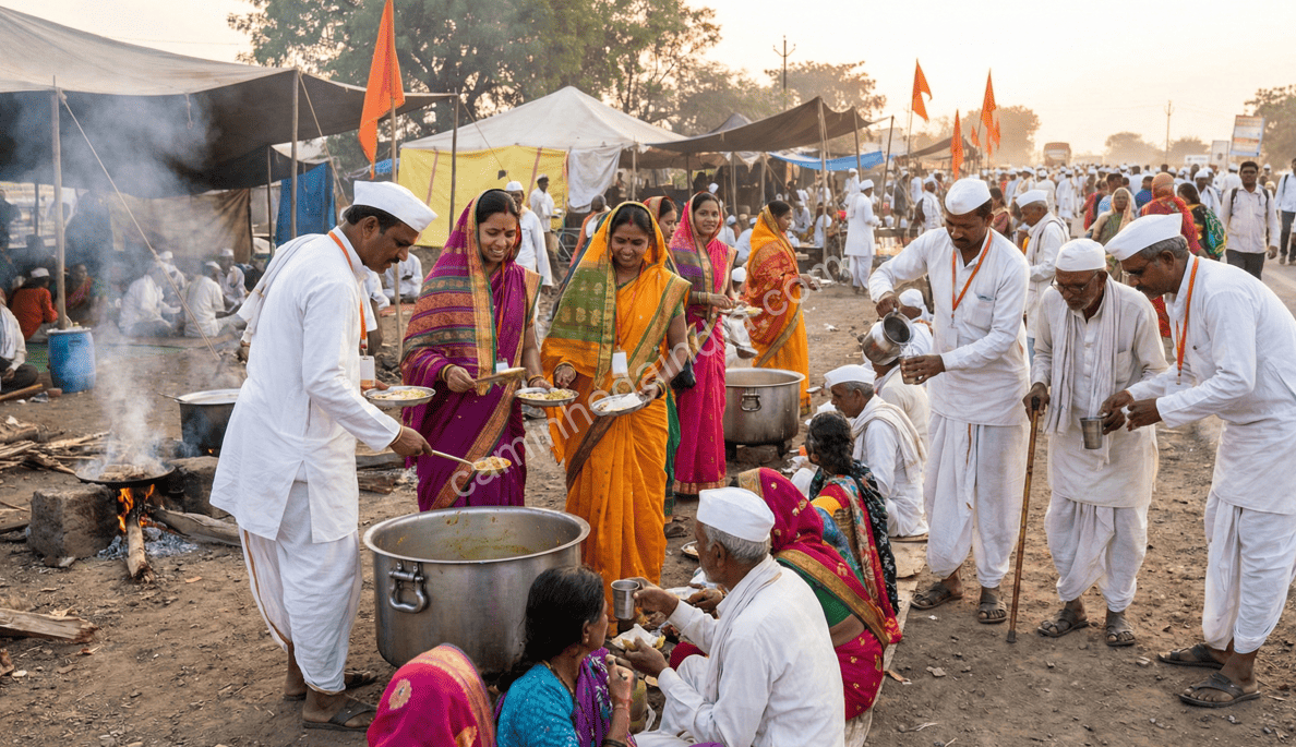 Devotos participam da dindi seva durante a Pandharpur Yatra, servindo com devoção e fortalecendo o espírito coletivo da peregrinação