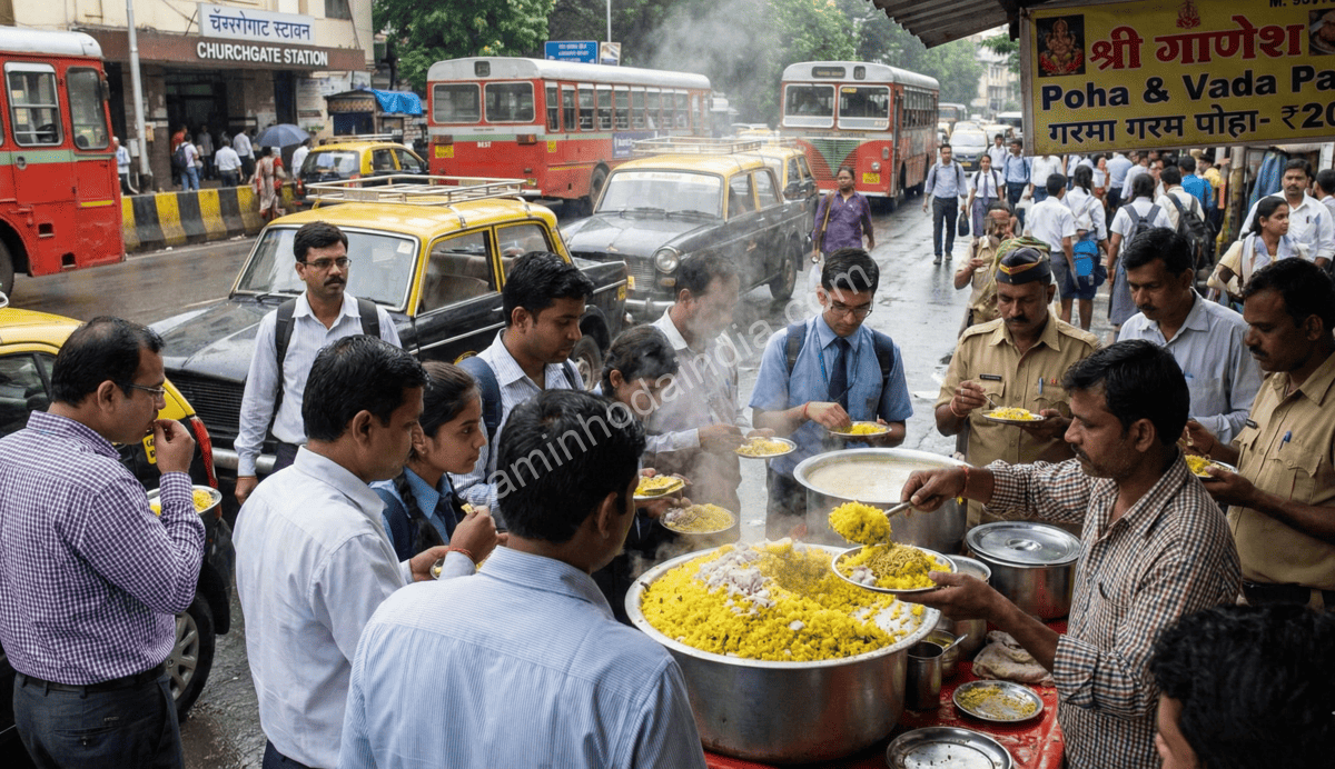 Estudantes e trabalhadores comendo poha em uma barraca de Mumbai nas primeiras horas da manhã