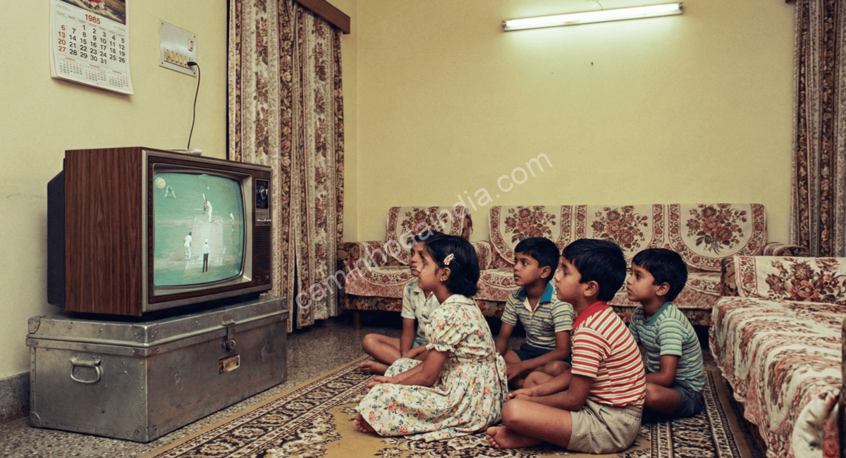Foto antiga mostrando crianças assistindo a uma partida de críquete durante os anos 1980