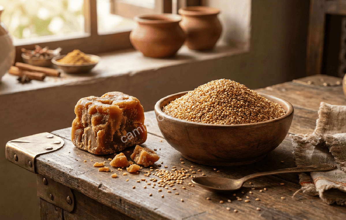 gergelim-e-rapadura-para-fazer-tilgul Gergelim e rapadura sendo usados como ingredientes tradicionais na preparação do tilgul