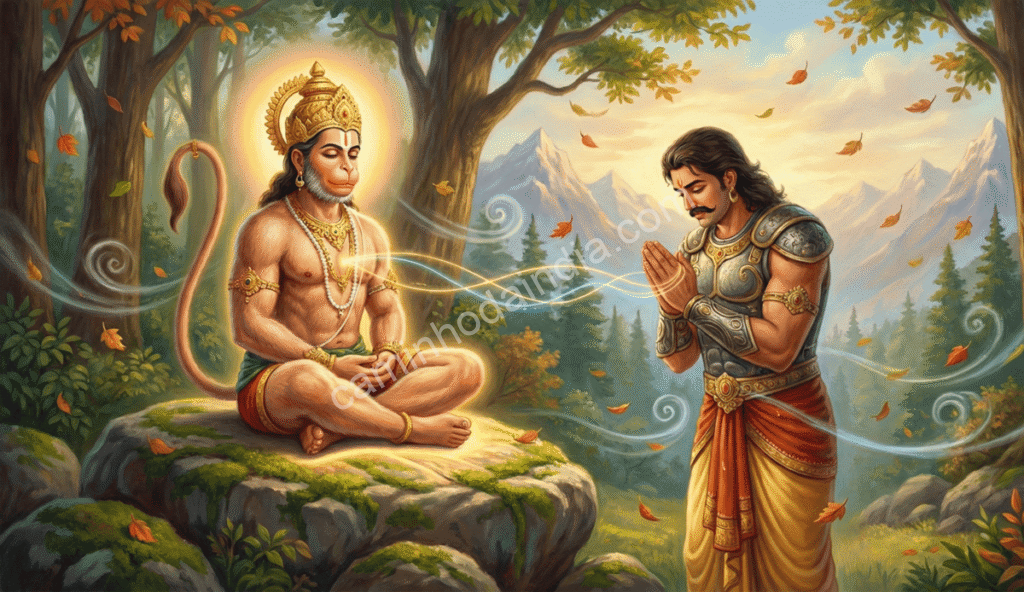 hanuman-bhima-ensinamentos-humildade-karma-bhakti Hanuman orienta Bhima sobre a verdadeira força, revelando lições profundas sobre ego, humildade e a harmonia entre ação e devoção.