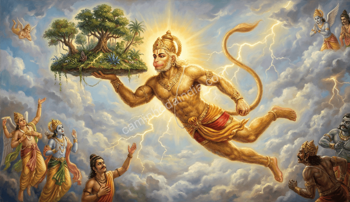 Hanuman carregando o Monte Dronagiri inteiro para encontrar a erva que salvaria Lakshmana