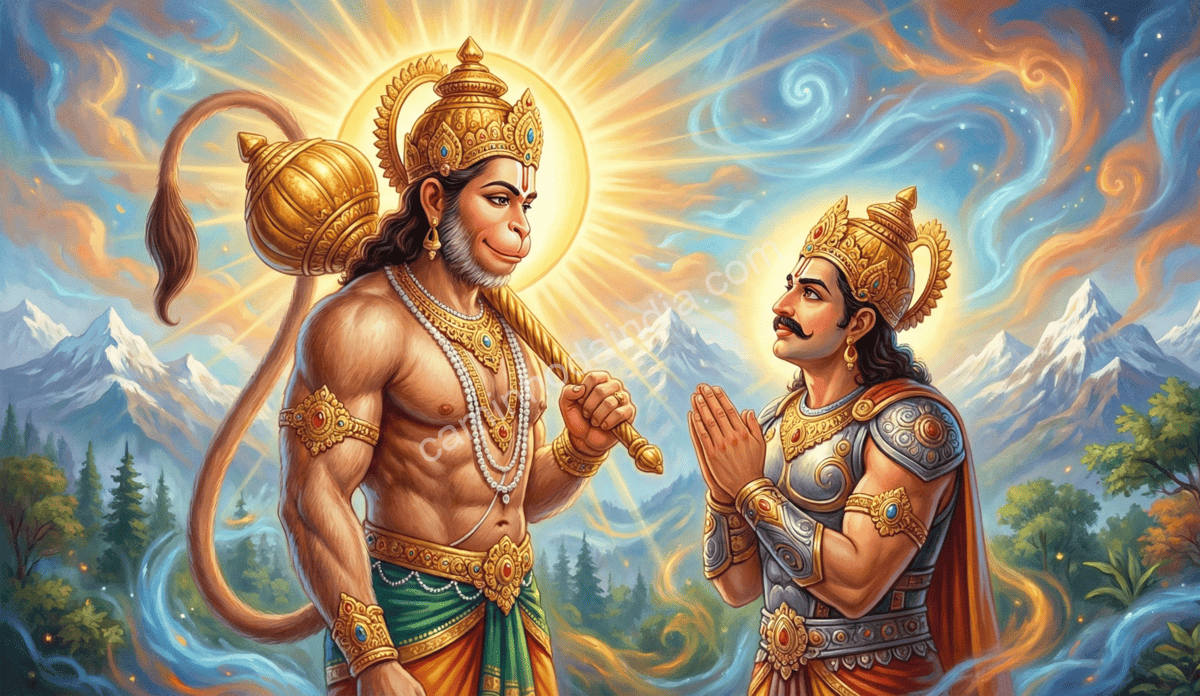 Hanuman revelando sua verdadeira identidade diante de Bhima, irradiando brilho e poder divino
