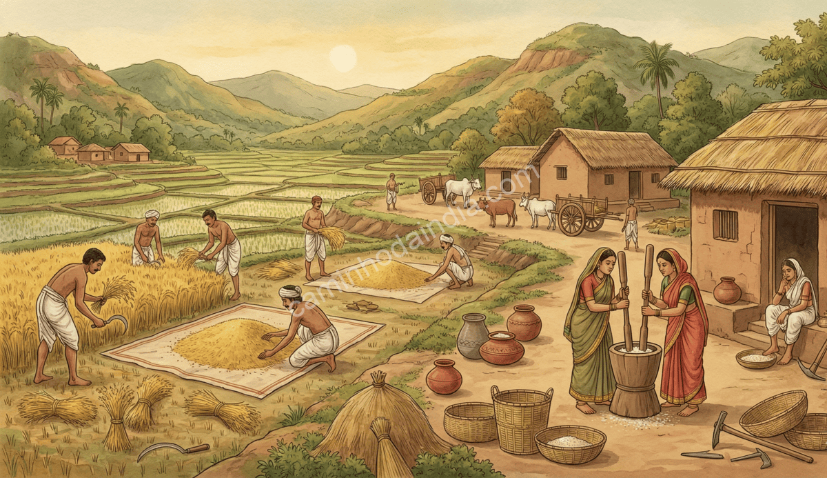Ilustração da vida rural no antigo Maharashtra, com aldeões, casas tradicionais e atividades agrícolas