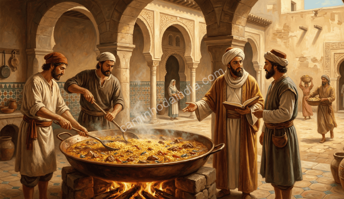 influencia-do-pilaf-na-paella-historia-culinaria Historiadores relacionam a paella espanhola à tradição do pilaf, destacando técnicas de arroz cozido em caldo aromático