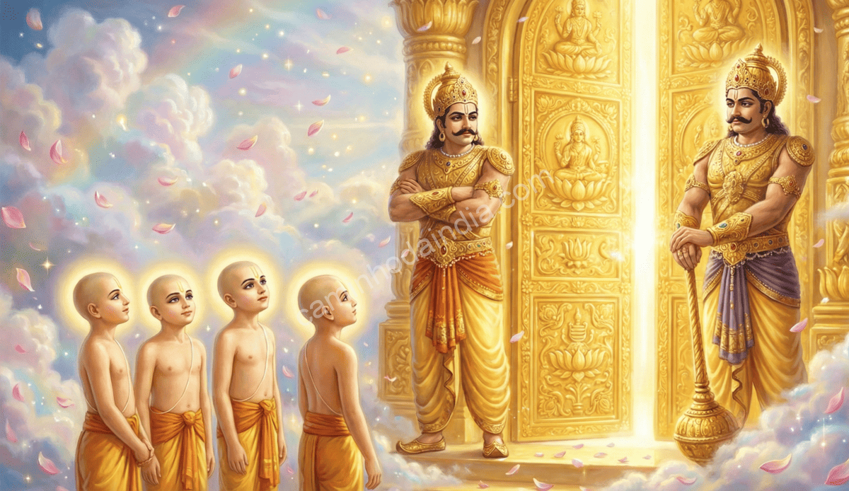 Jaya e Vijaya negando a entrada dos Kumaras em Vaikuntha