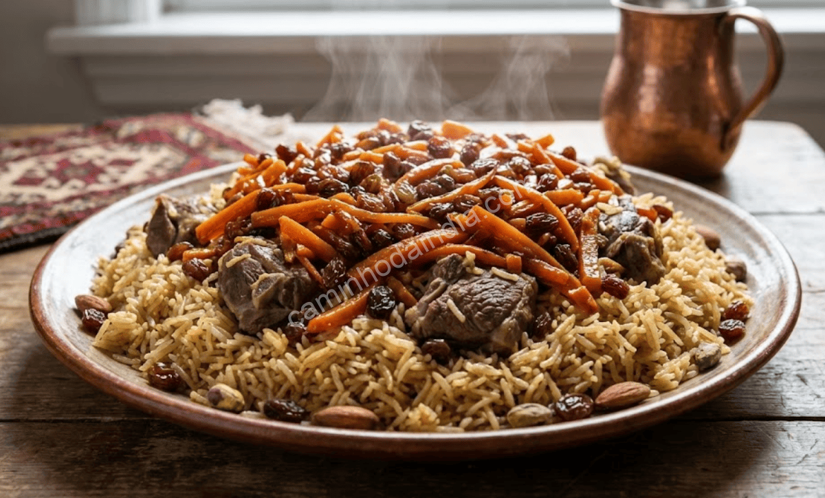 kabuli-pulav-prato-nacional-do-afeganistao Kabuli pulav com arroz de grãos longos, carne macia e cobertura de cenouras caramelizadas e uvas-passas