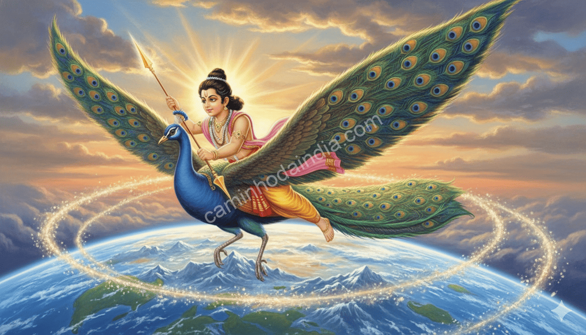 kartikeya-circundando-a-terra-no-pavao Kartikeya voando ao redor da Terra montado em seu pavão, brilhando com velocidade e energia divina