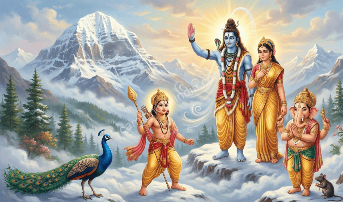 kartikeya-preparando-desafio-shiva-parvati Shiva declarando o desafio para Kartikeya e Ganesha, enquanto os dois irmãos o escutam com atenção