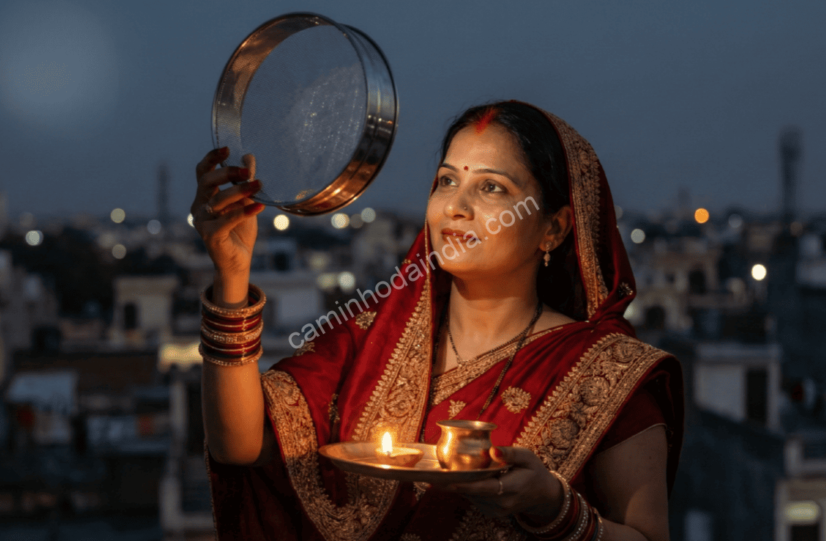 karva-chauth-mulher-observando-lua-peneira-vrat No momento final do Karva Chauth, a mulher observa a lua através de uma peneira (channi), marcando o encerramento ritual do jejum