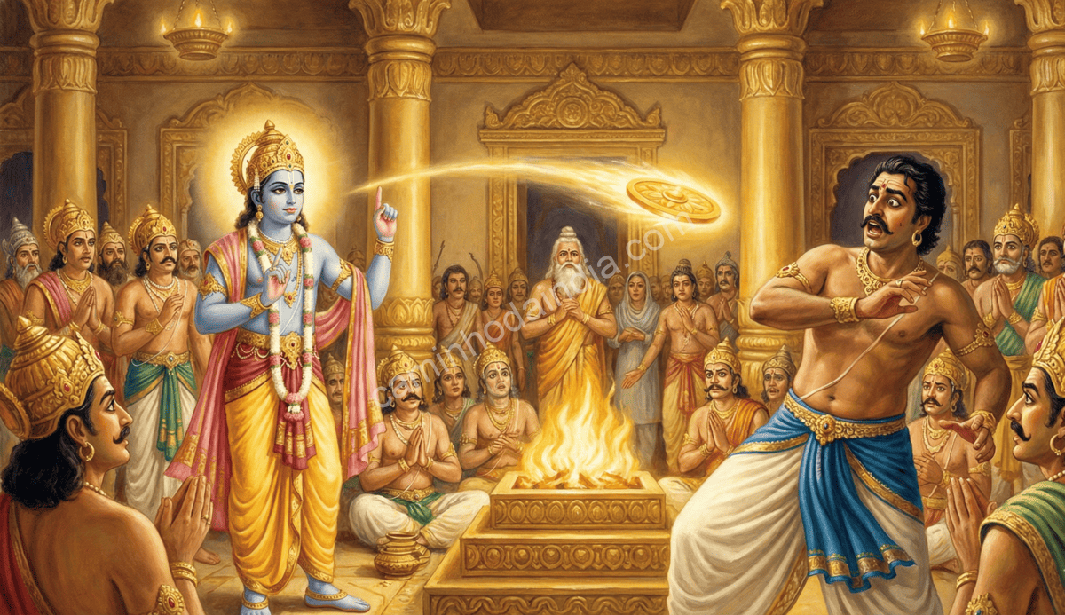 Krishna lança o Sudarshana Chakra para derrotar Shishupala, encerrando seus repetidos atos de desrespeito e restaurando a ordem