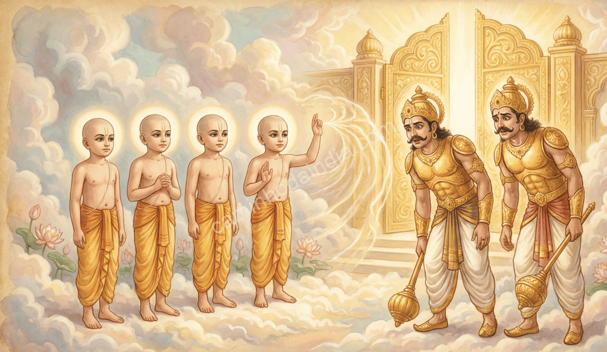 kumaras-amaldicoando-jaya-e-vijaya-a-deixarem-vaikuntha Os Kumaras lançando uma maldição sobre Jaya e Vijaya, dizendo que eles terão de deixar Vaikuntha