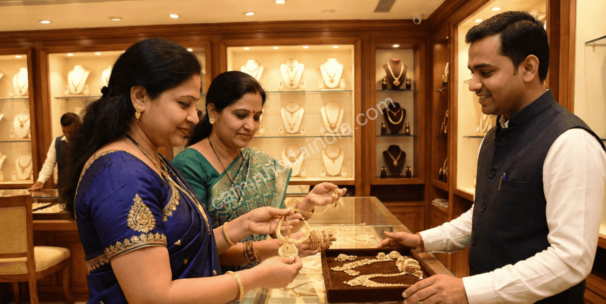 Mulheres comprando ouro durante as celebrações de Vijayadashami