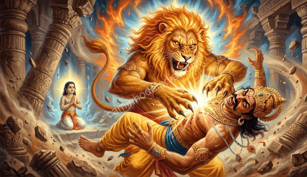 Narasimha derrotando Hiranyakashipu para proteger Prahlada