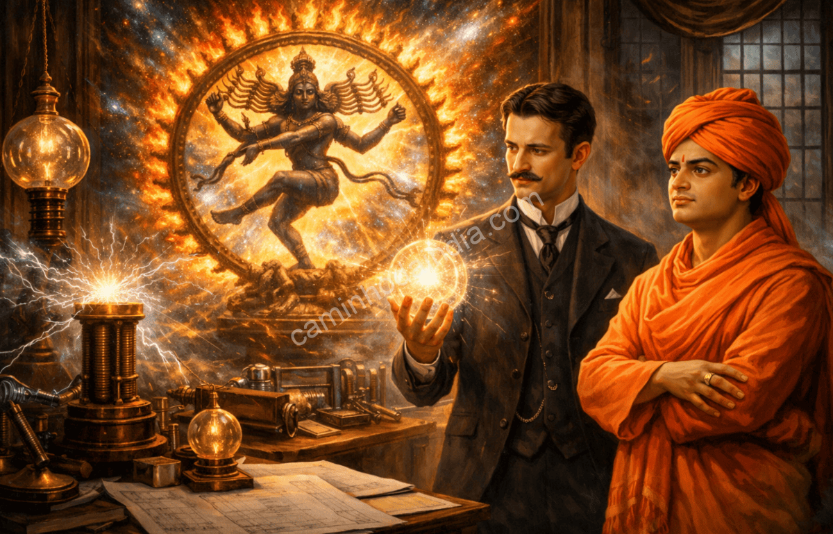 nikola-tesla-swami-vivekananda-shiva-principio-cosmico Nikola Tesla e Swami Vivekananda discutindo conceitos indianos de energia e universo
