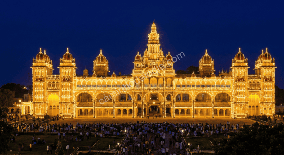 Palácio de Mysuru iluminado durante as celebrações de Vijayadashami/Dasara
