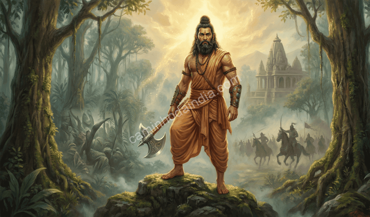 Parashurama cumprindo seu voto de vingar a morte de Jamadagni contra as linhagens de kshatriyas