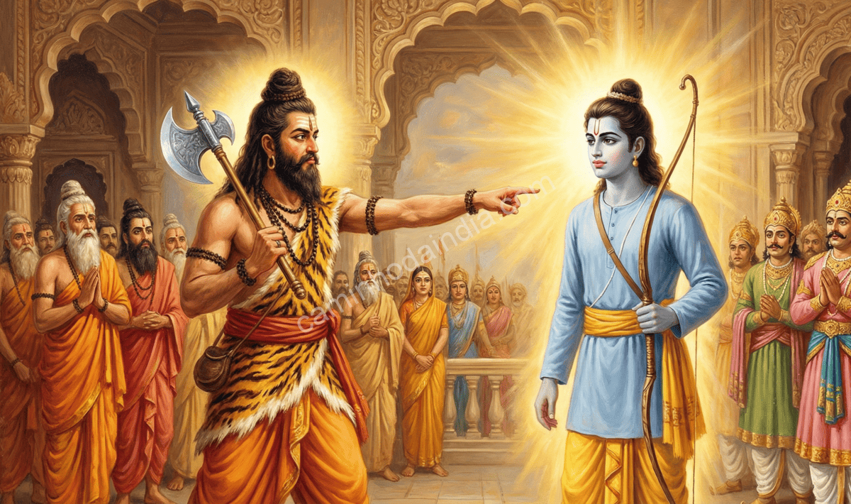 Parashurama desafiando Rama a quebrar seu arco divino