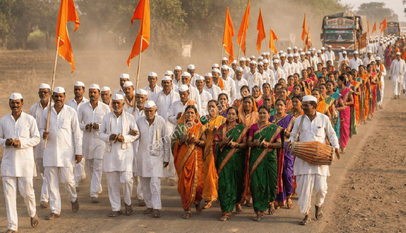 peregrinos-caminhando-para-pandharpur Grupo de peregrinos caminhando juntos rumo a Pandharpur