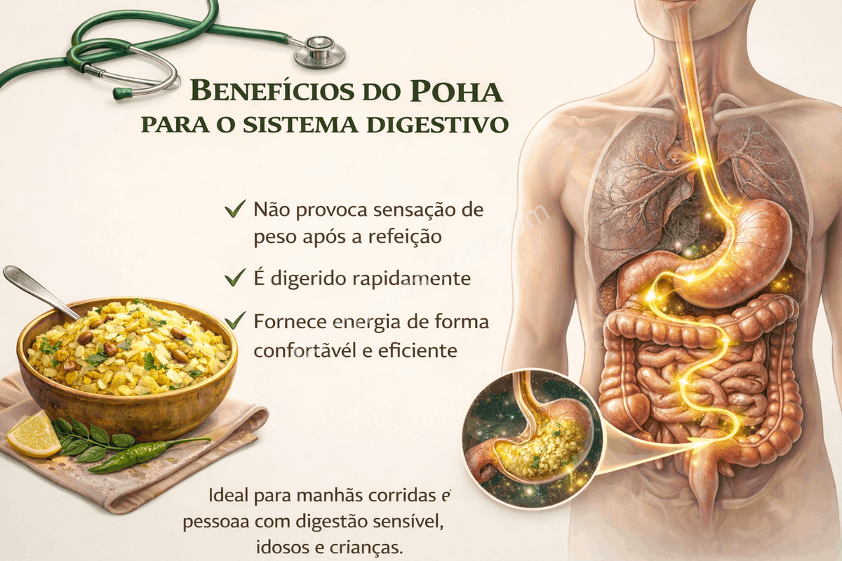 Poha, prato indiano leve feito de flocos de arroz, conhecido por facilitar a digestão