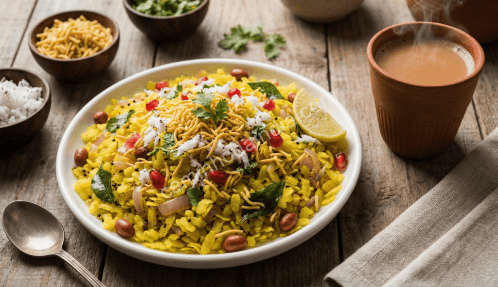 Poha servido com uma xícara de masala chai