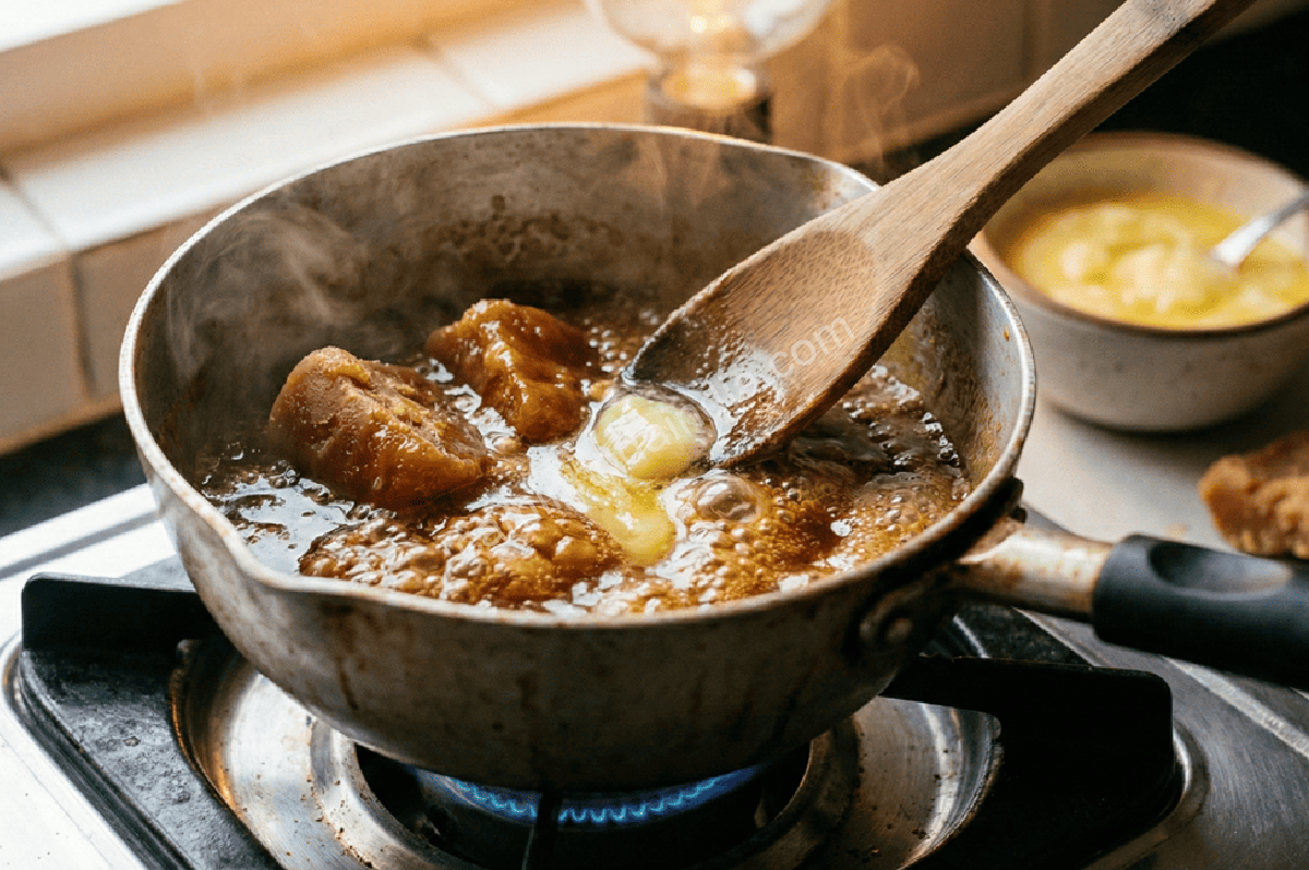 preparando-calda-de-rapadura Calda de rapadura sendo preparada em panela, derretendo e formando um xarope espesso