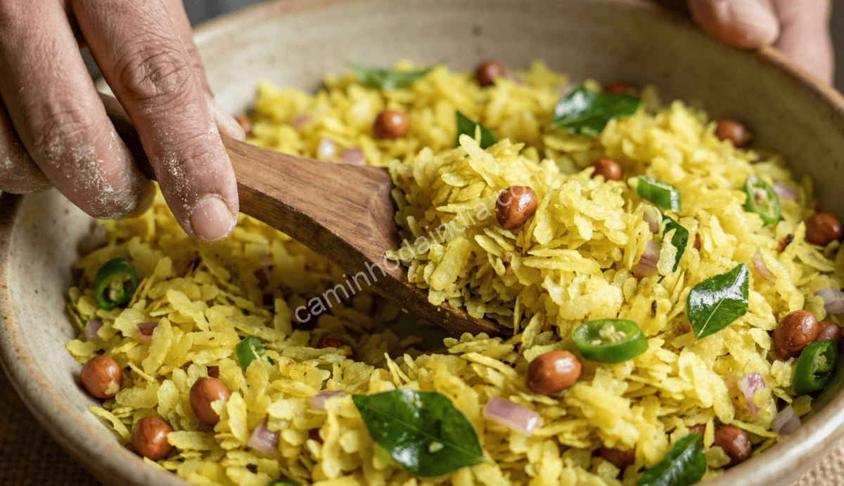 Pessoa preparando poha em casa