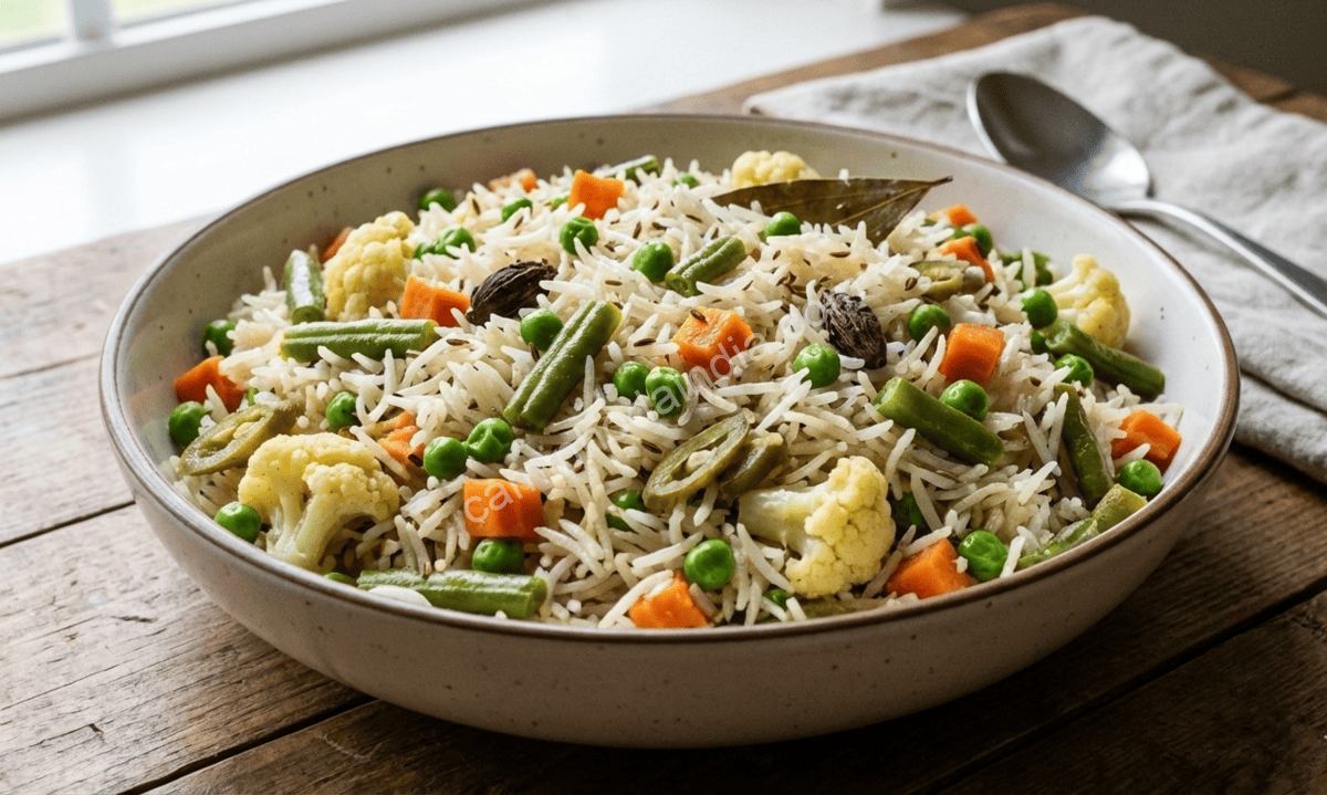 pulav-servido-na-mesa Pulav servido em uma mesa, apresentado de forma simples e apetitosa