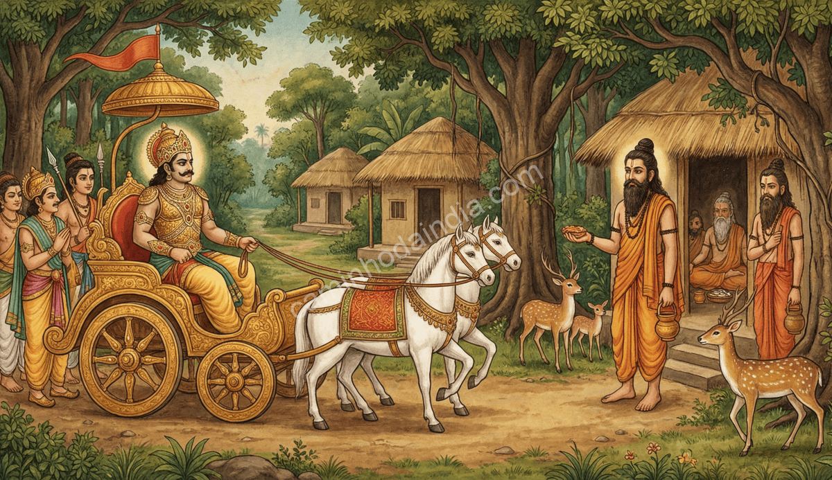 Sábio Jamadagni recebendo o rei Kartavirya Arjuna em seu ashram