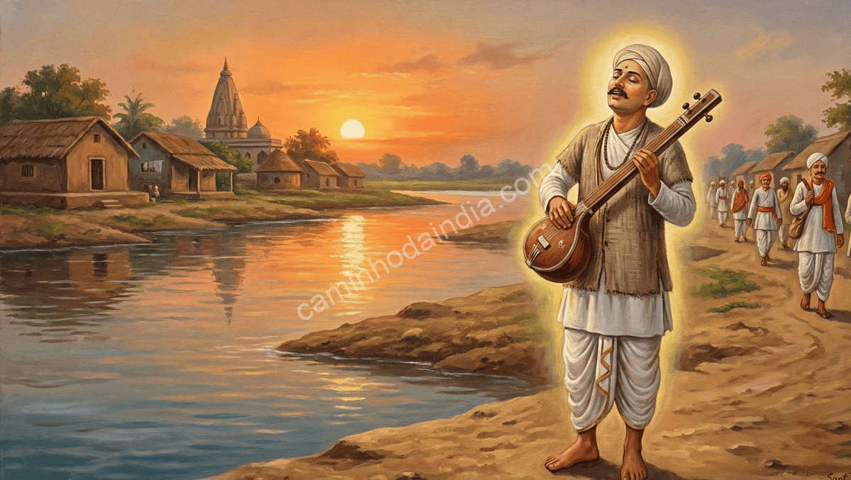 sant-tukaram-ilustracao-cantando-bhajan Ilustração de Sant Tukaram cantando bhajans com profunda devoção, irradiando paz espiritual e amor por Vithoba