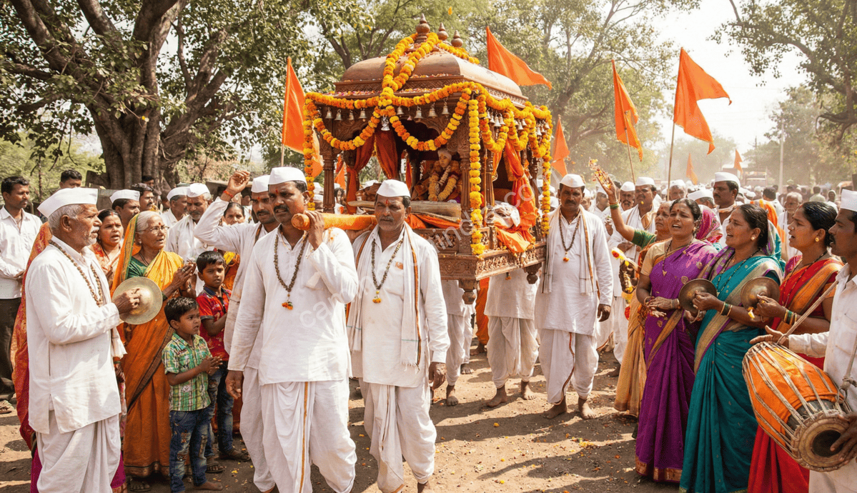 Devotos carregando o palanquim sagrado com as relíquias dos grandes santos, especialmente Sant Dnyaneshwar e Sant Tukaram