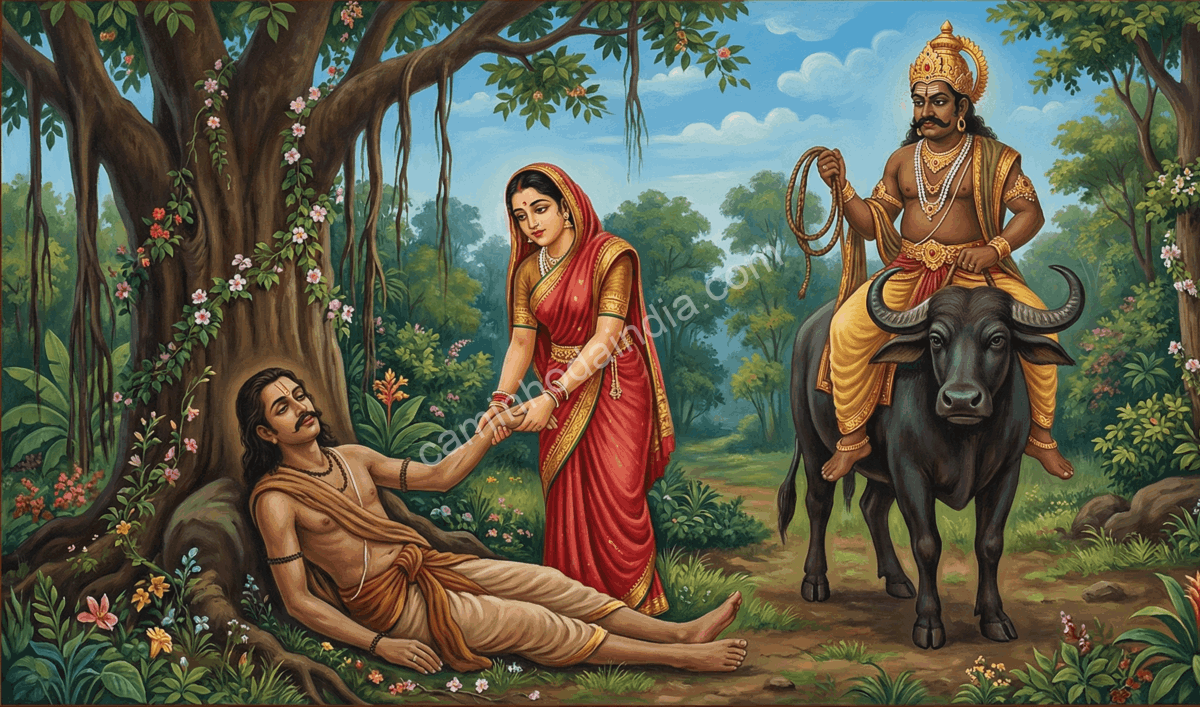 savitri-oracao-determinacao-salvar-marido-yama Savitri em oração e profunda determinação diante de Yama para salvar a vida do marido