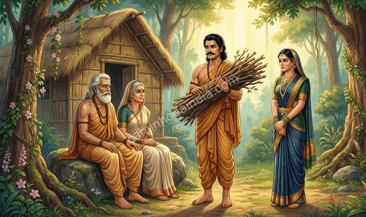 savitri-vida-exilio-satyavan-pais-floresta Savitri vivendo em exílio com Satyavan e seus pais em uma floresta