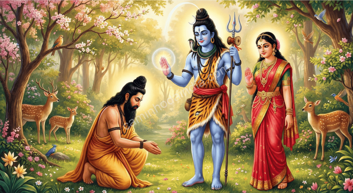shiva-parvati-abencoam-arjuna-pashupatastra Shiva e Parvati abençoando Arjuna e concedendo a arma divina Pashupatastra