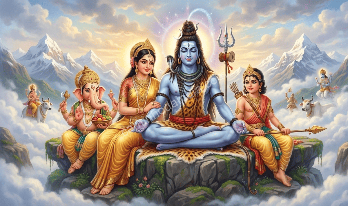 shiva-parvati-kartikeya-ganesha-kailasa Ganesha com sua mãe Parvati, seu pai Shiva e seu irmão Kartikeya no monte Kailasa