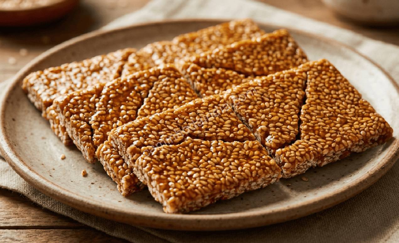 Til chikki feito com gergelim e rapadura, exibido em pedaços crocantes